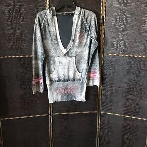 Ed Hardy Gray Distressed V-Neck Hoodie with Pink Accent